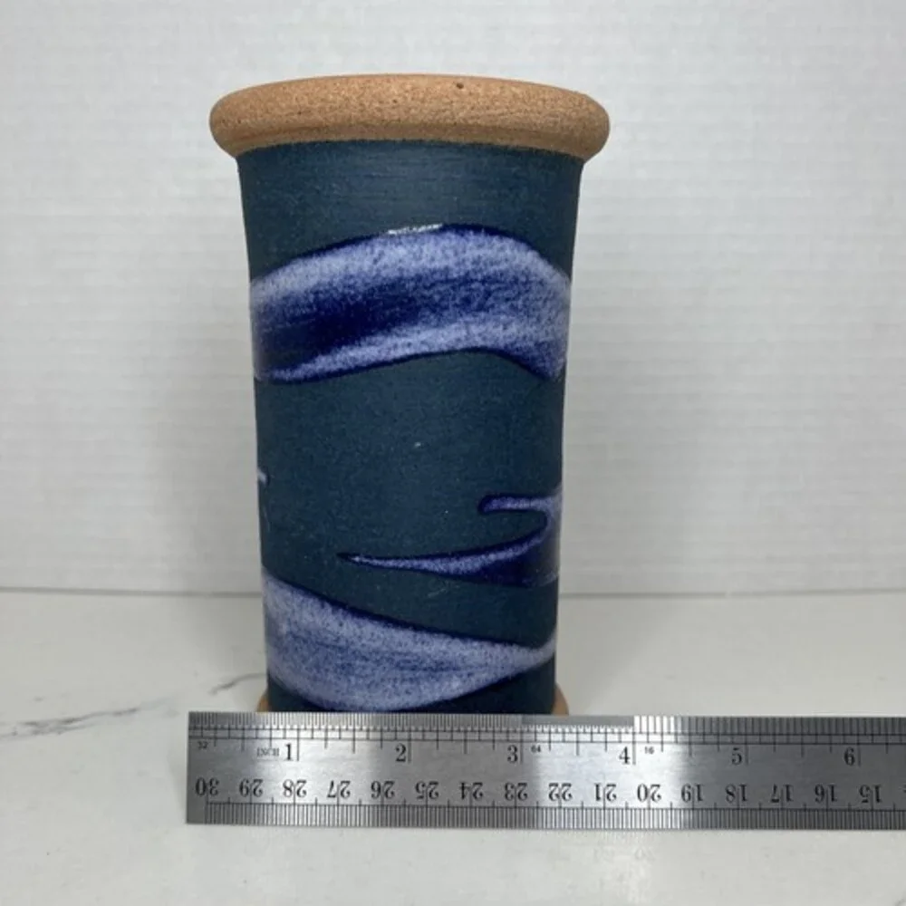 Dominican Republic Art Pottery Vase 6.2 x 3” Signed Blue and White Raised